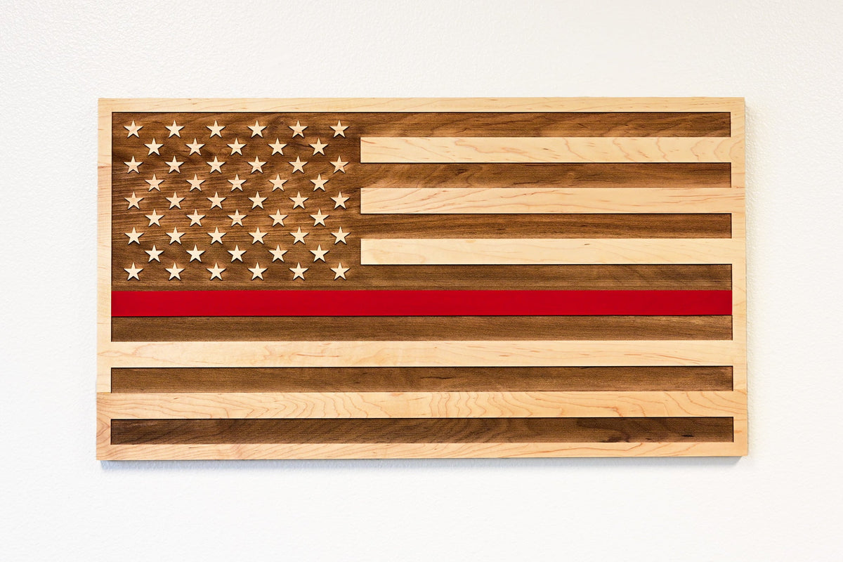 Thin Red Line Firefighter American Flag Wooden Wall Art